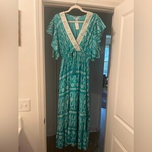 Ana & Rose Teal Boho Maxi Dress – Lace Trim Flutter Sleeve NWT LARGE